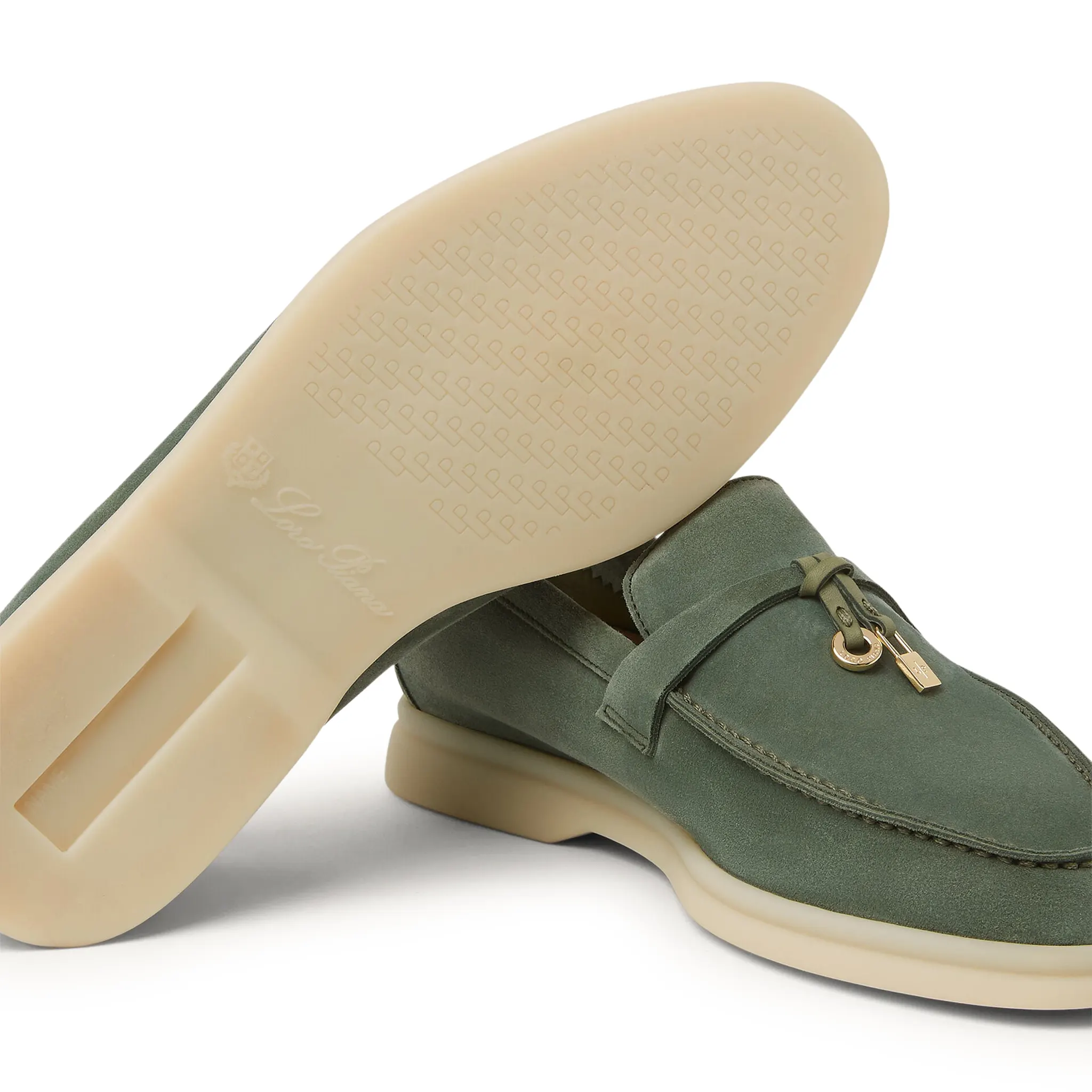 Sole Side View of Loro Piana Summer Charms Walk Suede Green Lagoon Loafers FAE5444_518W